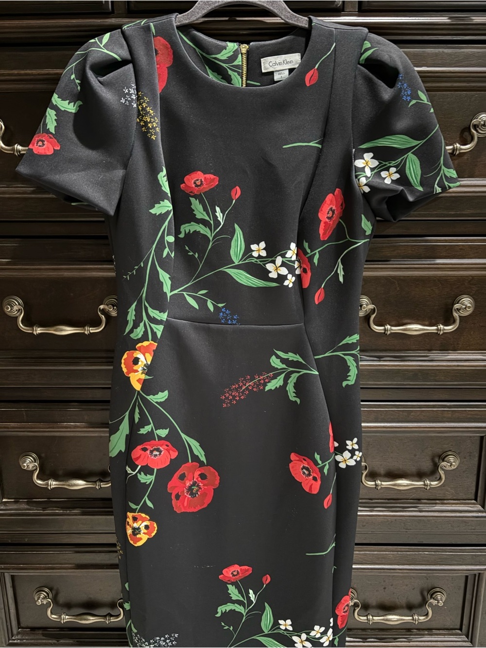 Calvin Klein Black Floral Scuba Knit Sheath Dress with Exposed Gold Zipper-Sz 6
